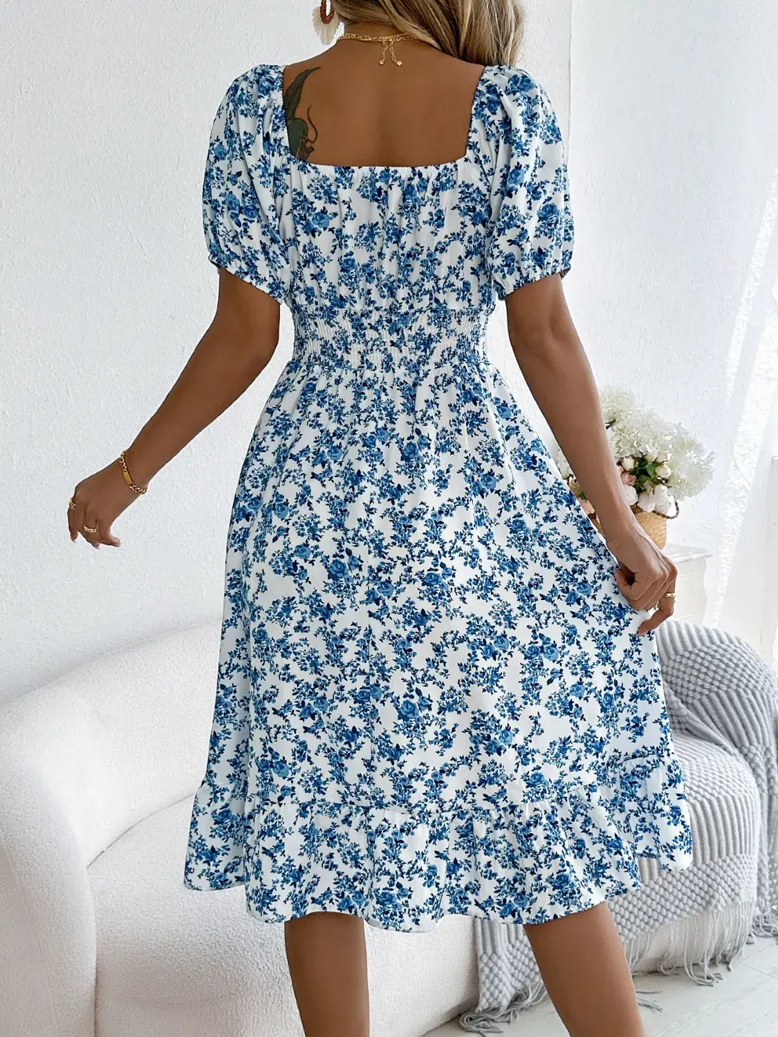 Ruffled Hem Floral Puff Sleeve Dress - Trendsi - Flyclothing LLC