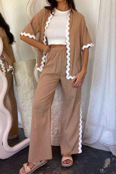 Contrast Trim Half Sleeve Top and Pants Set - Trendsi - Flyclothing LLC