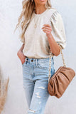 Rhinestone Pearl Detail Round Neck Puff Sleeve Top - Trendsi - Flyclothing LLC