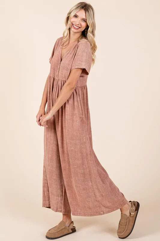 Mittoshop Mineral Wash Short Sleeve Flowy Wide Leg Jumpsuit - Trendsi - Flyclothing LLC