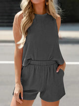 Round Neck Sleeveless Top and Shorts Set - Trendsi - Flyclothing LLC