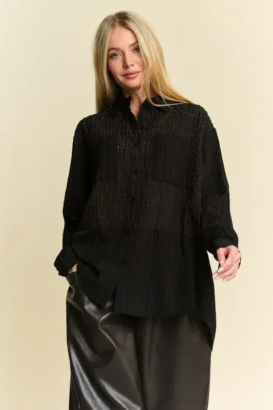 Davi & Dani Crinkled Jacquard Button Down Shirt - Trendsi - Flyclothing LLC