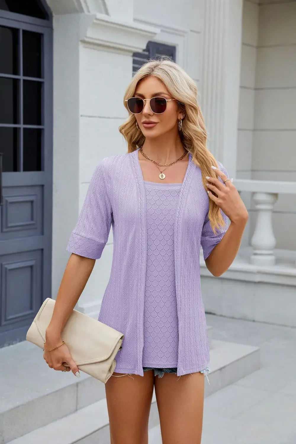 Texture Square Neck Half Sleeve Blouse - Trendsi - Flyclothing LLC