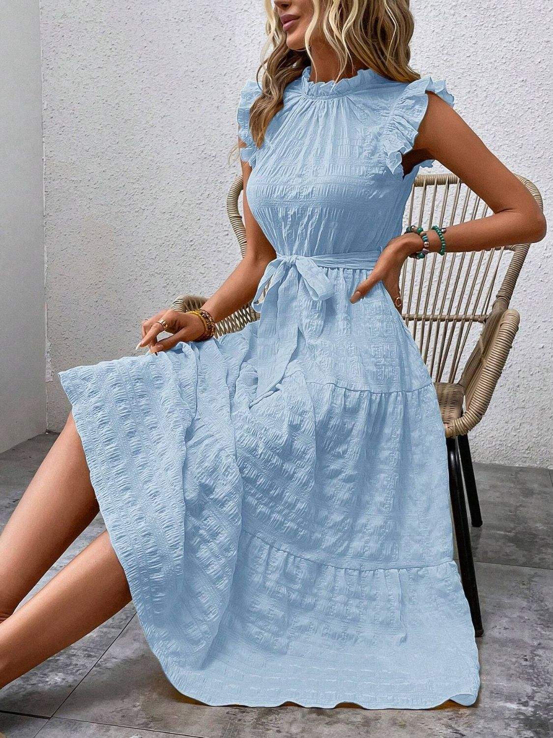 Tied Ruffled Cap Sleeve Midi Dress - Trendsi - Flyclothing LLC
