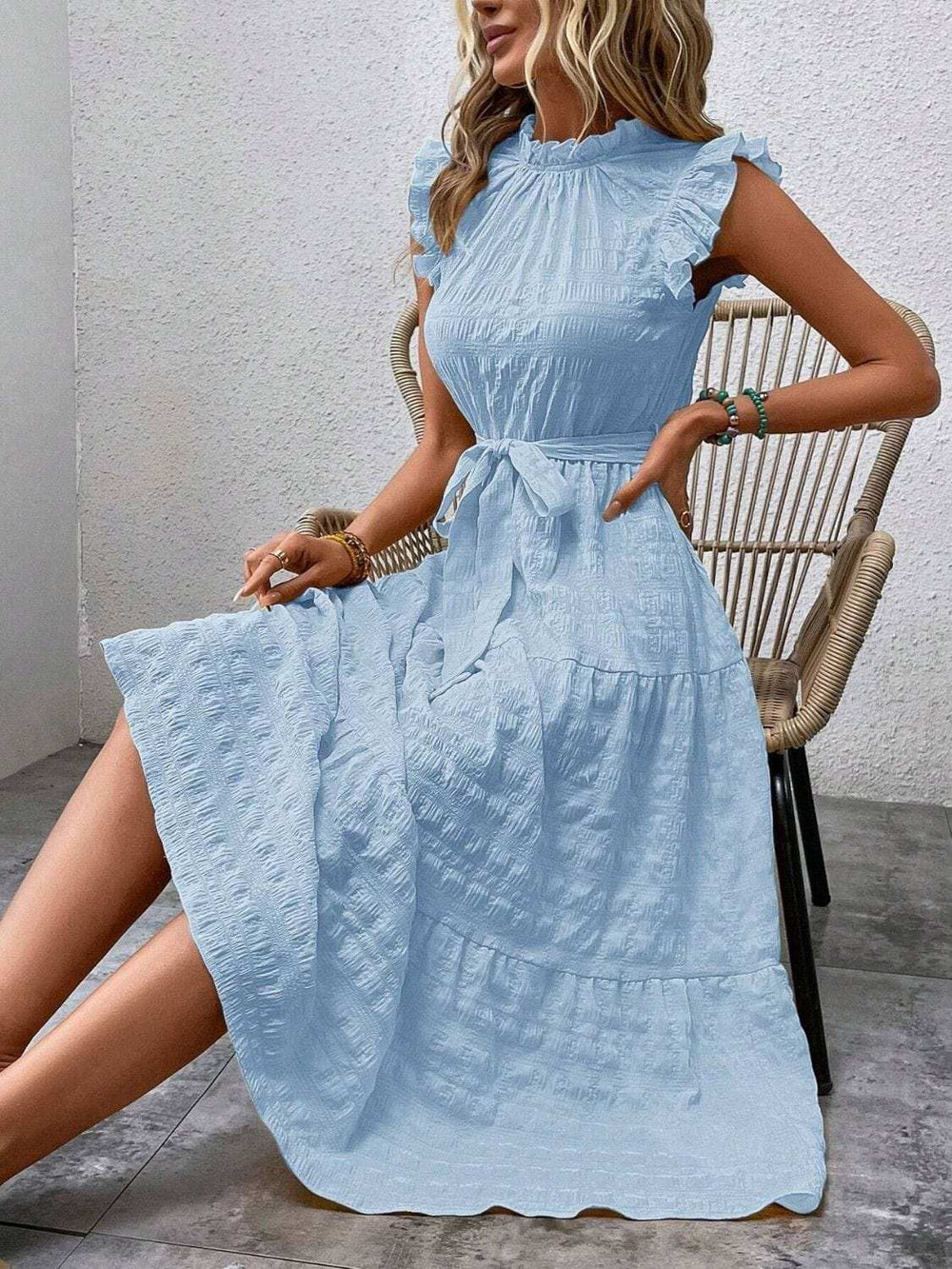 Tied Ruffled Cap Sleeve Midi Dress - Trendsi - Flyclothing LLC