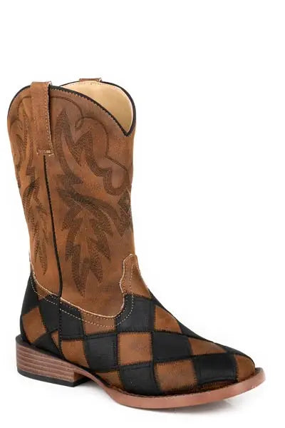 Big Boys Black And Tan Faux Leather Patchwork Vamp - Roper - Flyclothing LLC