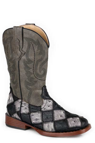 Boys Roper Black  Grey Patchwork Ostrich Vamp Bird Blocks Boots