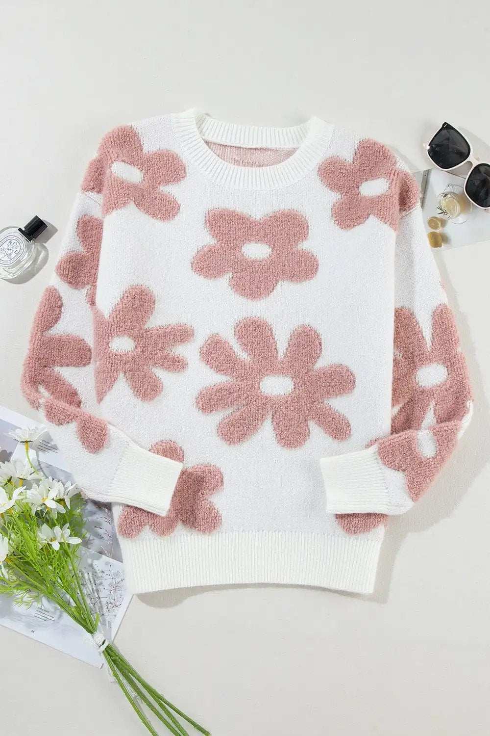Flower Round Neck Long Sleeve Knit Top - Trendsi - Flyclothing LLC