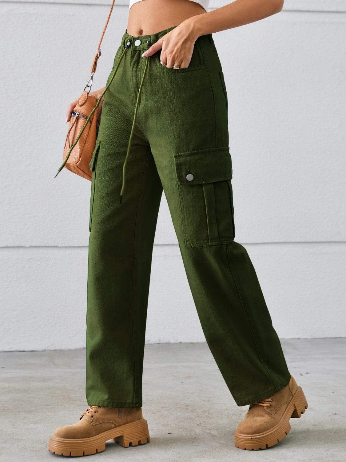 Drawstring Mid-Rise Waist Straight Cargo Jeans - Trendsi - Flyclothing LLC