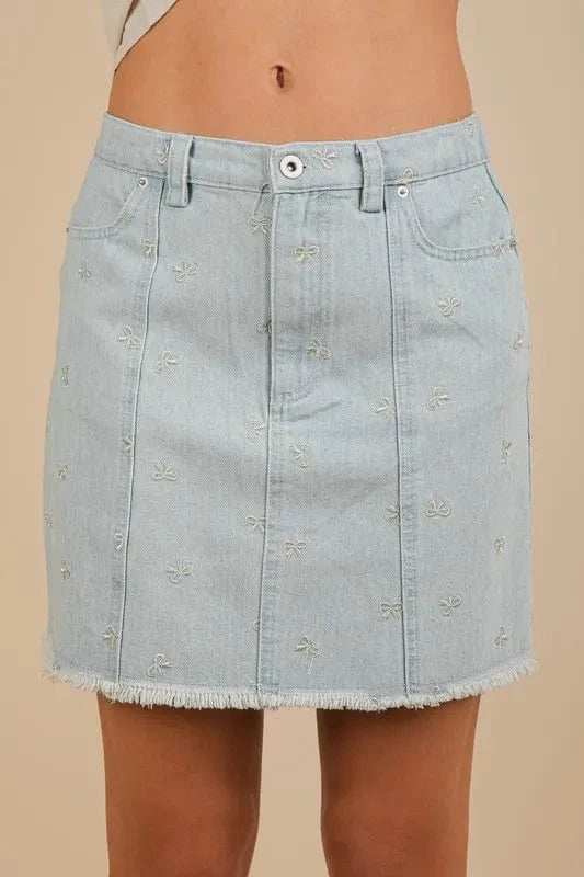 VERY J Bow Printed Casual Denim Mini Skirt - Trendsi - Flyclothing LLC