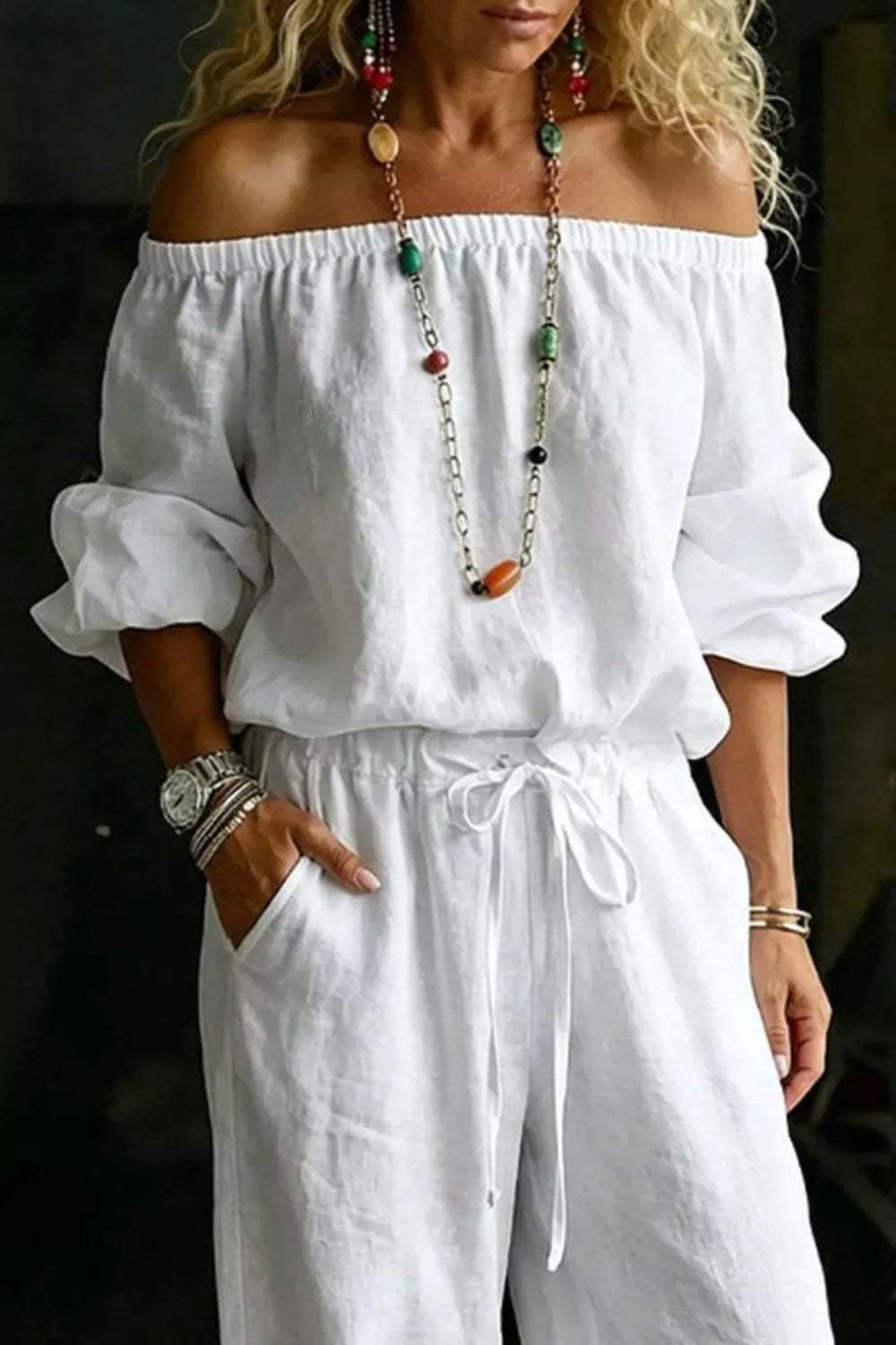 Full Size Off-Shoulder Top and Pants Set Plus Size - Trendsi - Flyclothing LLC