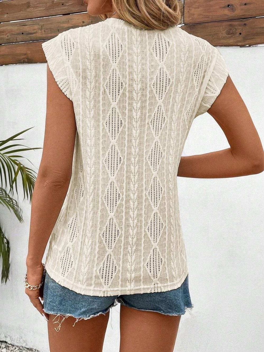 Eyelet Round Neck Cap Sleeve Top - Trendsi - Flyclothing LLC