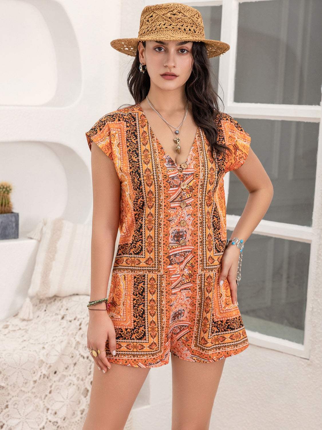 Printed V-Neck Cap Sleeve Romper - Trendsi - Flyclothing LLC