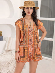 Printed V-Neck Cap Sleeve Romper - Trendsi