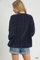 Umgee Round Neck Long Sleeve Side Slit Top - Trendsi - Flyclothing LLC
