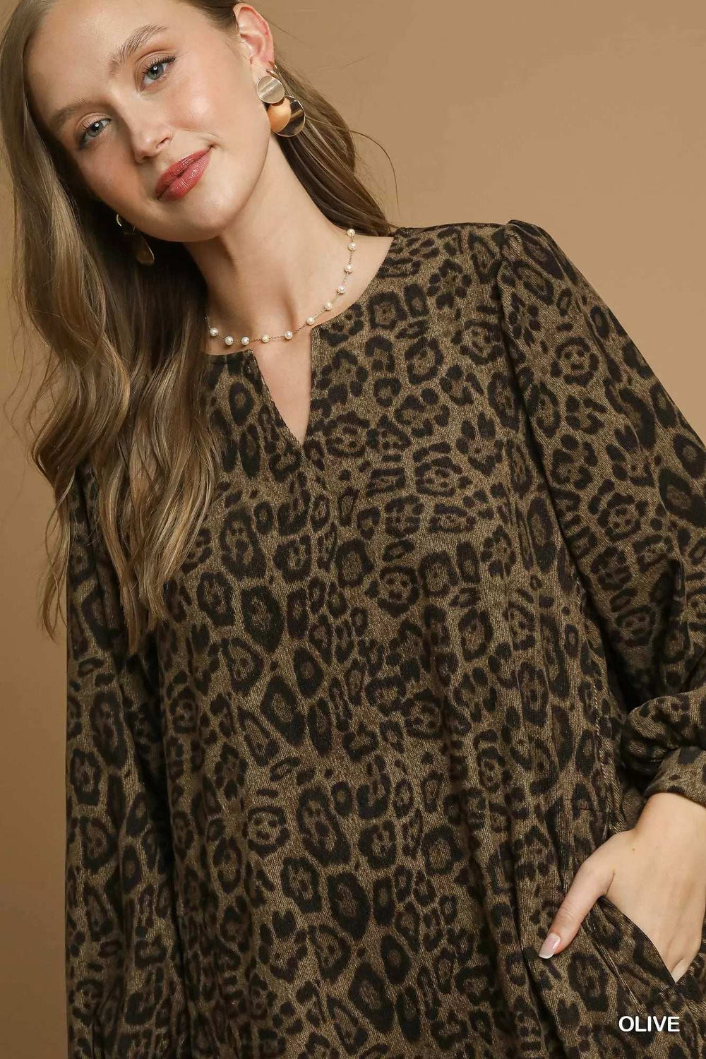 Umgee Leopard Print Long Sleeve Swing Dress - Trendsi - Flyclothing LLC