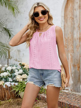 Eyelet Cutout Round Neck Tank - Trendsi - Flyclothing LLC