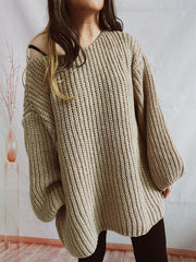 Boat Neck Long Sleeve Sweater with Belt - Trendsi
