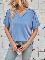 Cord Ribbed V-Neck Short Sleeve T-Shirt - Trendsi - Flyclothing LLC