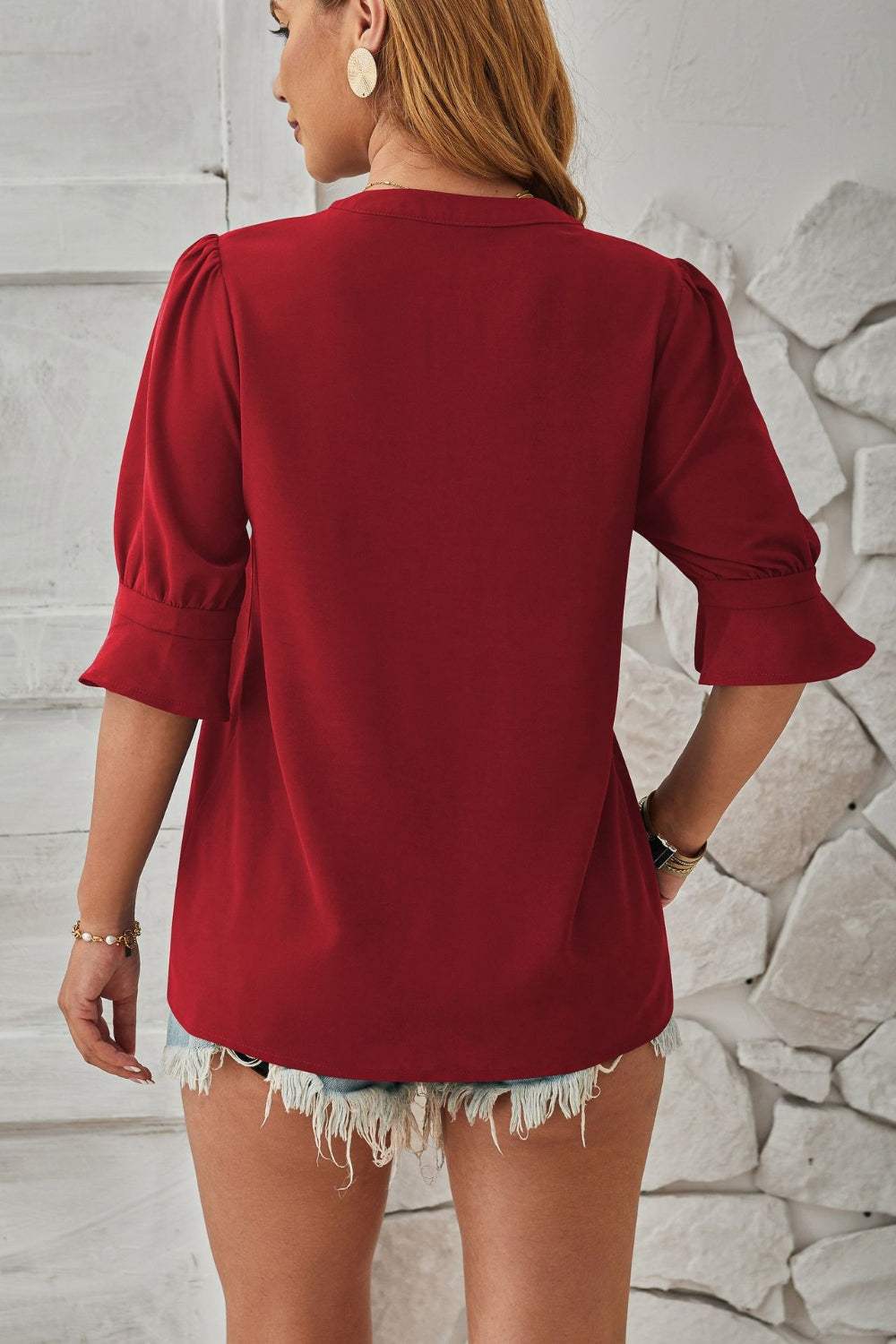Notched Half Sleeve Blouse - Trendsi - Flyclothing LLC