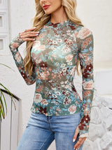 Floral Mock Neck Long Sleeve Top - Trendsi - Flyclothing LLC