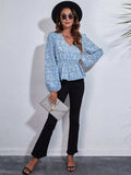 Ruched Printed V-Neck Long Sleeve Blouse - Trendsi - Flyclothing LLC
