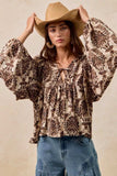 BiBi Printed Woven Front Tied Blouse with Baloon Sleeve - Trendsi - Flyclothing LLC