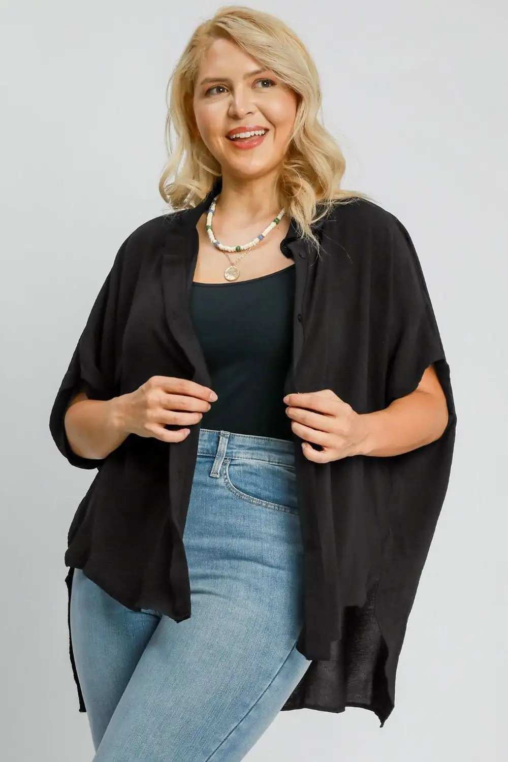 Umgee Full Size High-Low Button Up Short Sleeve Shirt - Trendsi - Flyclothing LLC