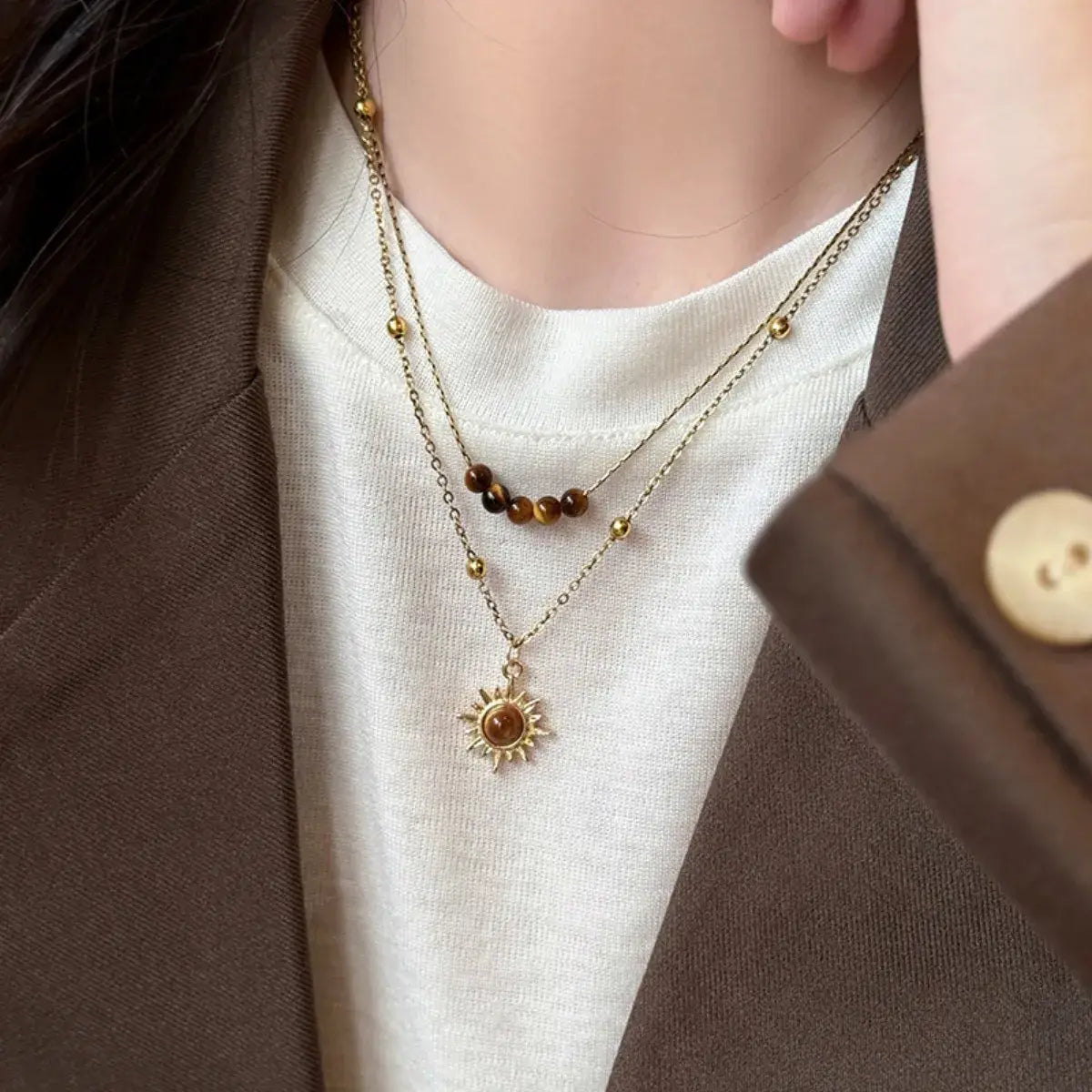 Tiger's Eye Copper Double Layered Necklace - Trendsi - Flyclothing LLC