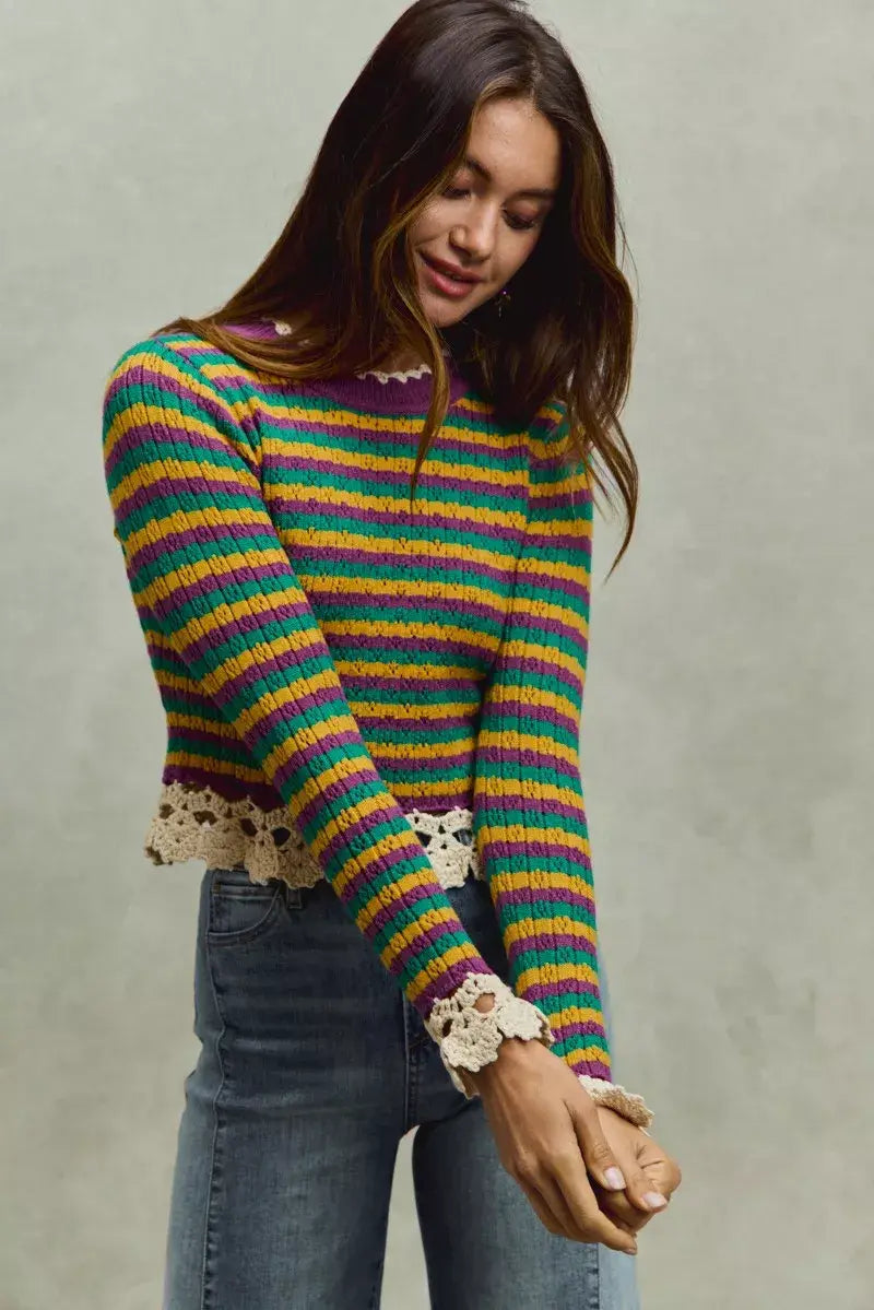 SO ME Mardi Gras Striped Cropped Knit Top with Crochet Edge - Trendsi - Flyclothing LLC