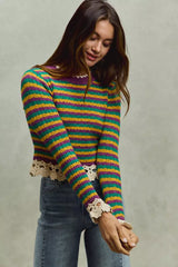 SO ME Mardi Gras Striped Cropped Knit Top with Crochet Edge - Trendsi - Flyclothing LLC
