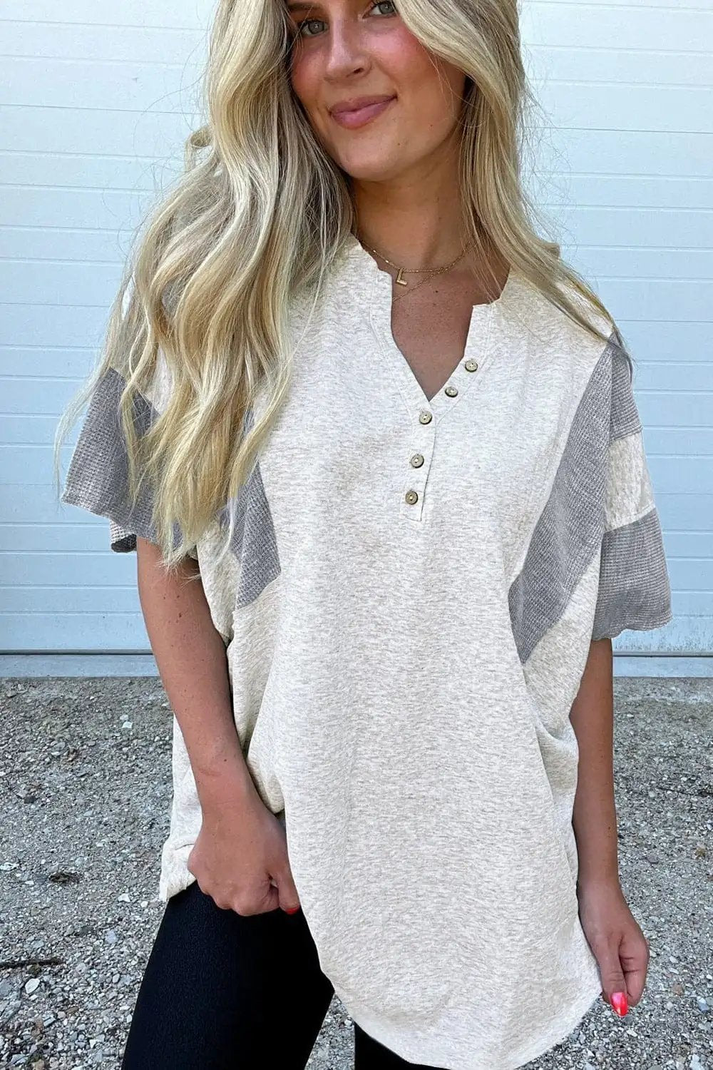 Two Tone Contrast Waffle Knit Patched Buttoned V Neck Top - Trendsi