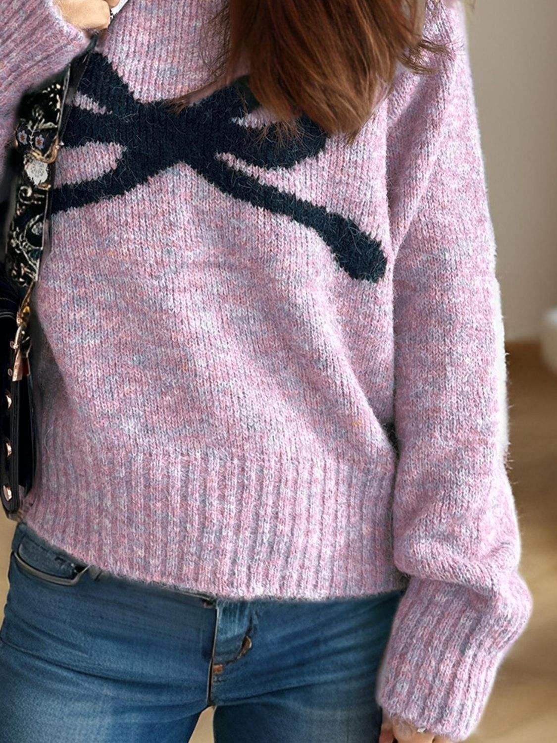 Bow Round Neck Long Sleeve Sweater - Trendsi - Flyclothing LLC