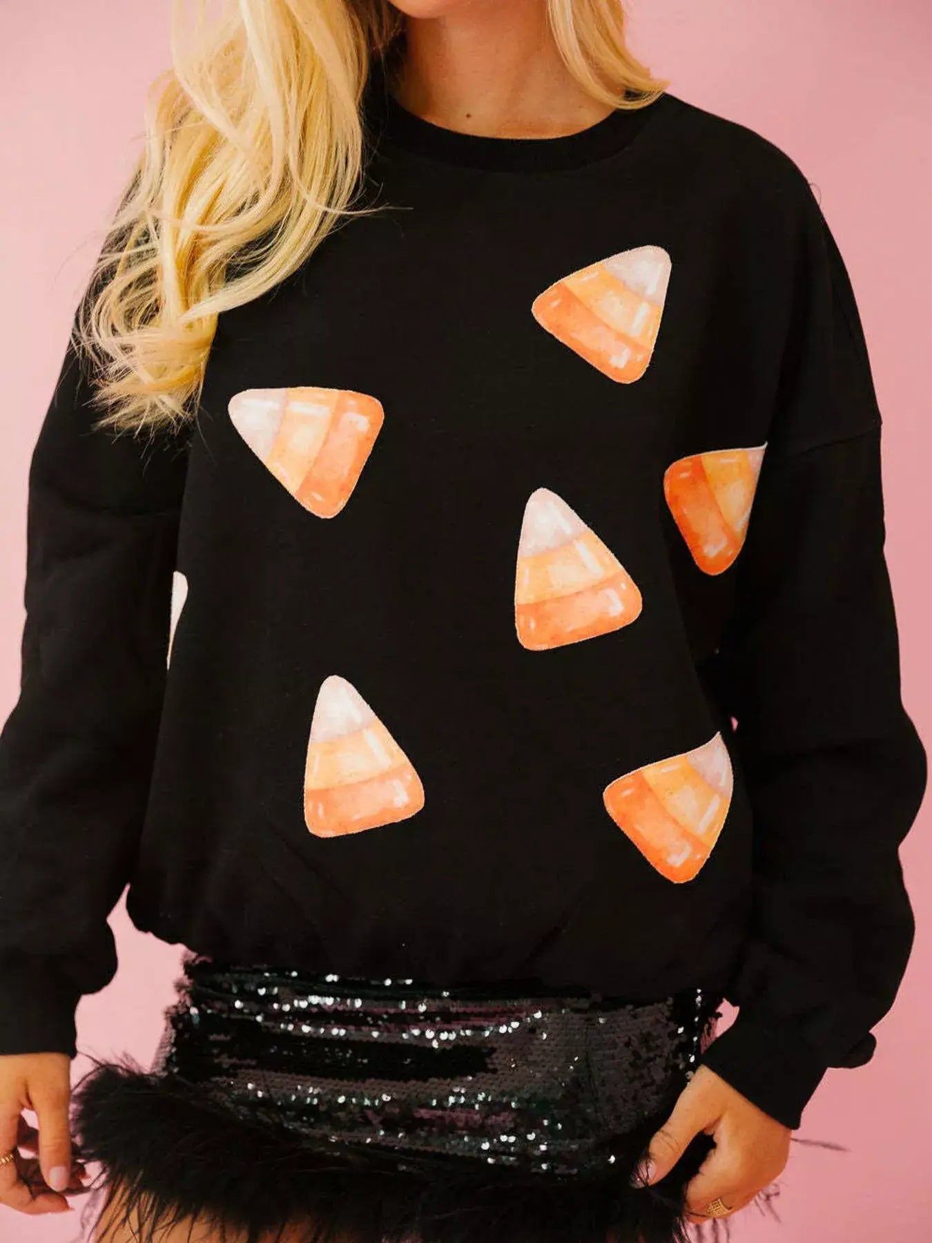 Halloween Sequin Round Neck Sweatshirt - Trendsi - Flyclothing LLC