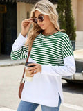 Slit Contrast Striped Long Sleeve Sweatshirt - Trendsi - Flyclothing LLC