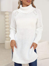 Slit Turtleneck Long Sleeve Sweater - Trendsi - Flyclothing LLC