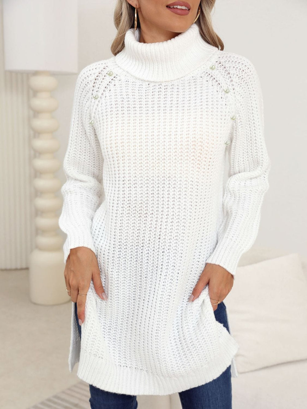 Slit Turtleneck Long Sleeve Sweater - Trendsi