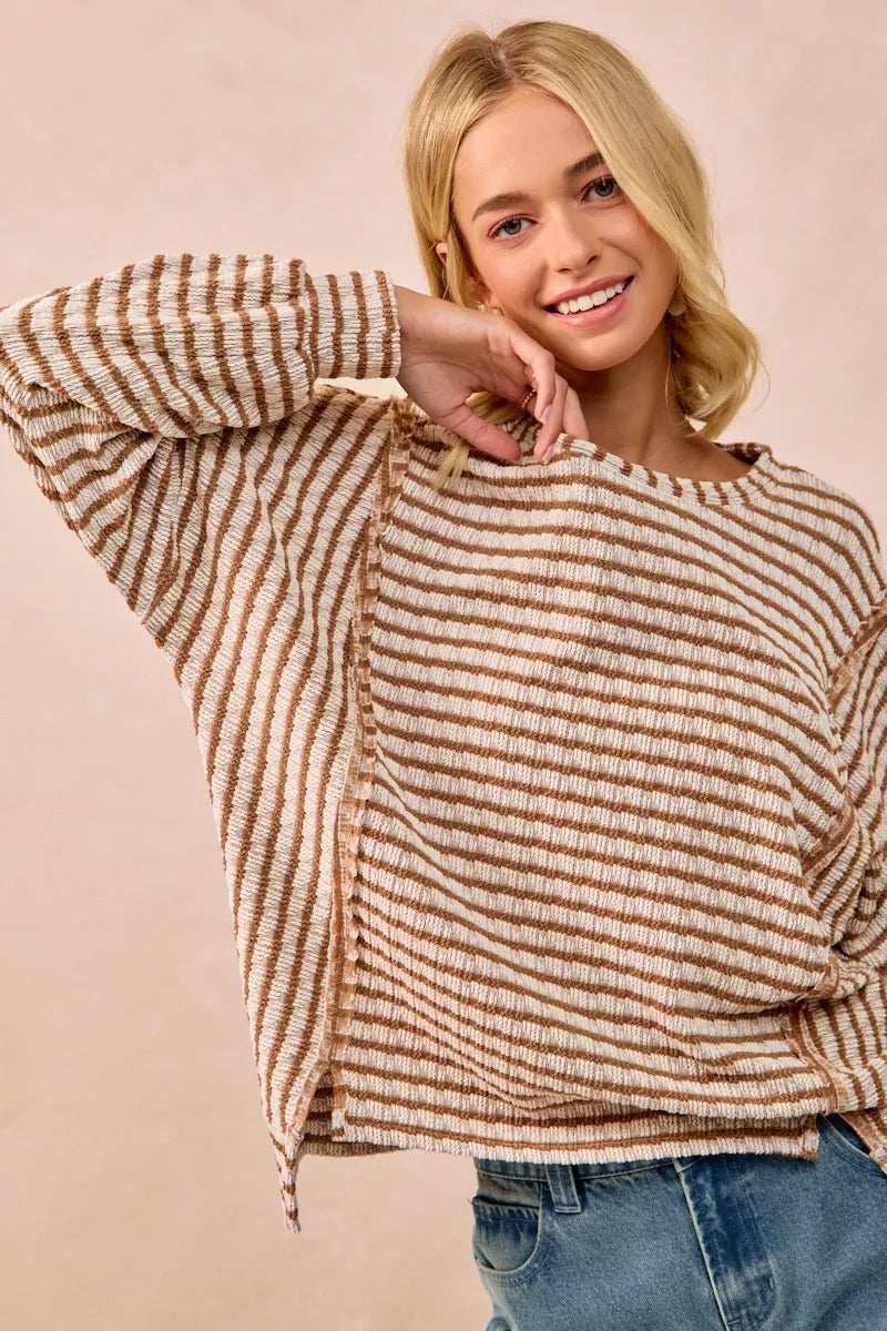 BiBi Open Seam Detail Textured Stripe Knit Top - Trendsi - Flyclothing LLC