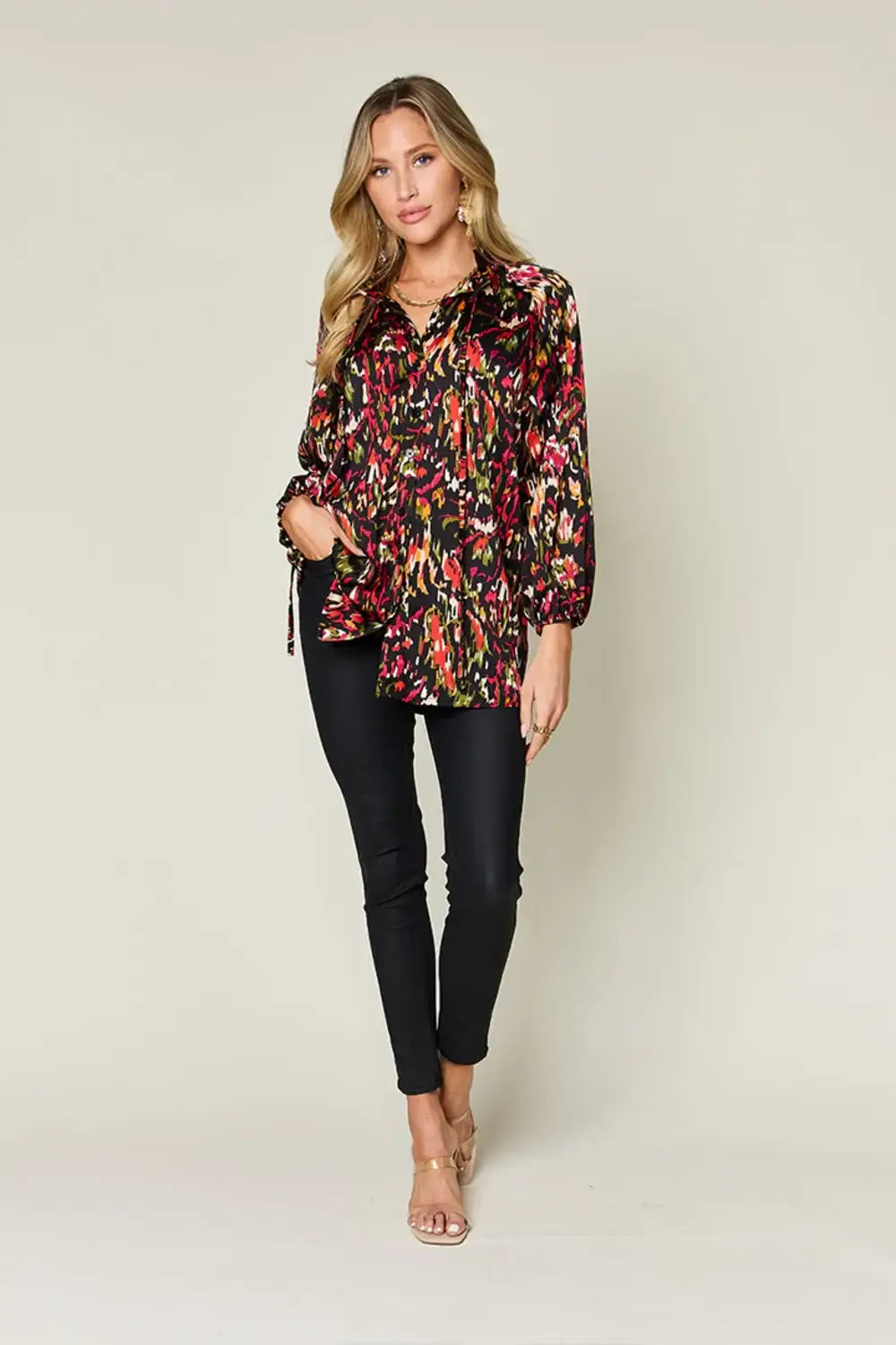 Double Take Full Size Printed Button Up Long Sleeve Shirt - Trendsi - Flyclothing LLC
