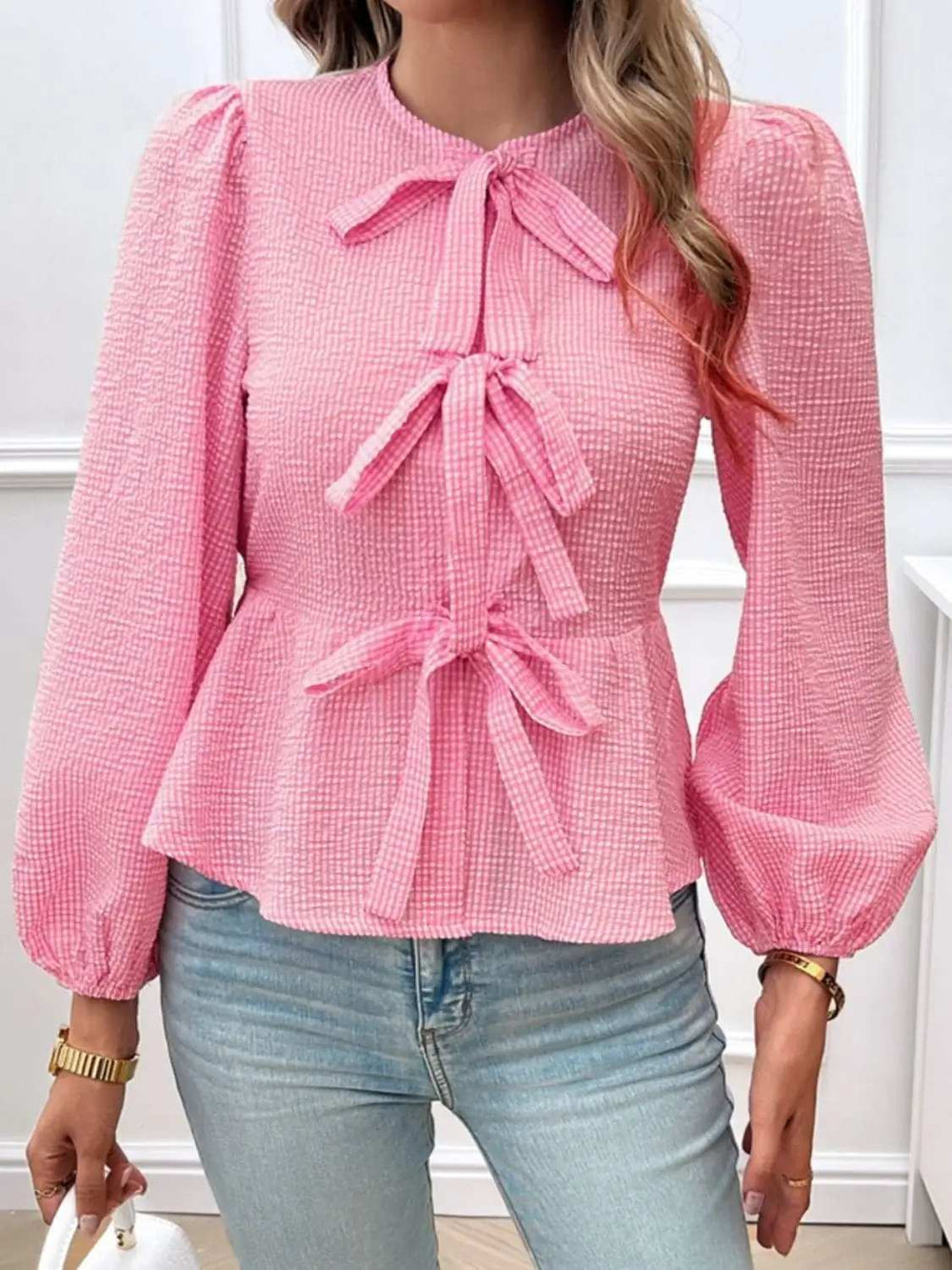 Devine Tied Round Neck Long Sleeve Blouse - Trendsi - Flyclothing LLC