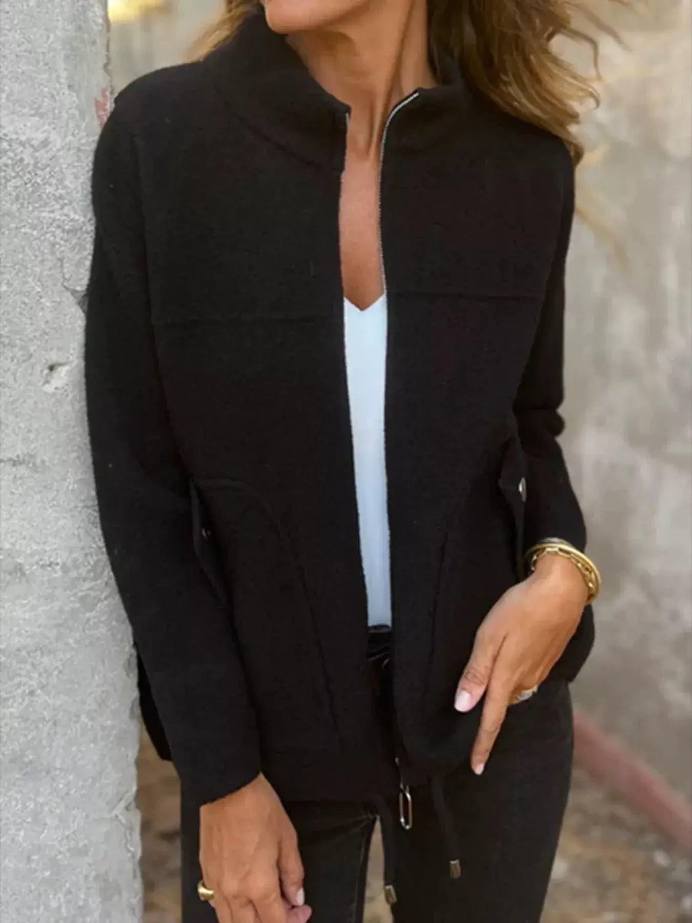Full Size Textured Knit Zip Up Outerwear Plus Size - Trendsi - Flyclothing LLC
