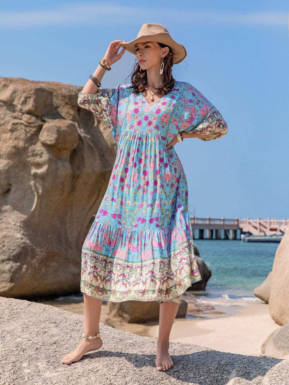 Printed Puff Sleeve Ruched Midi Dress - Trendsi - Flyclothing LLC