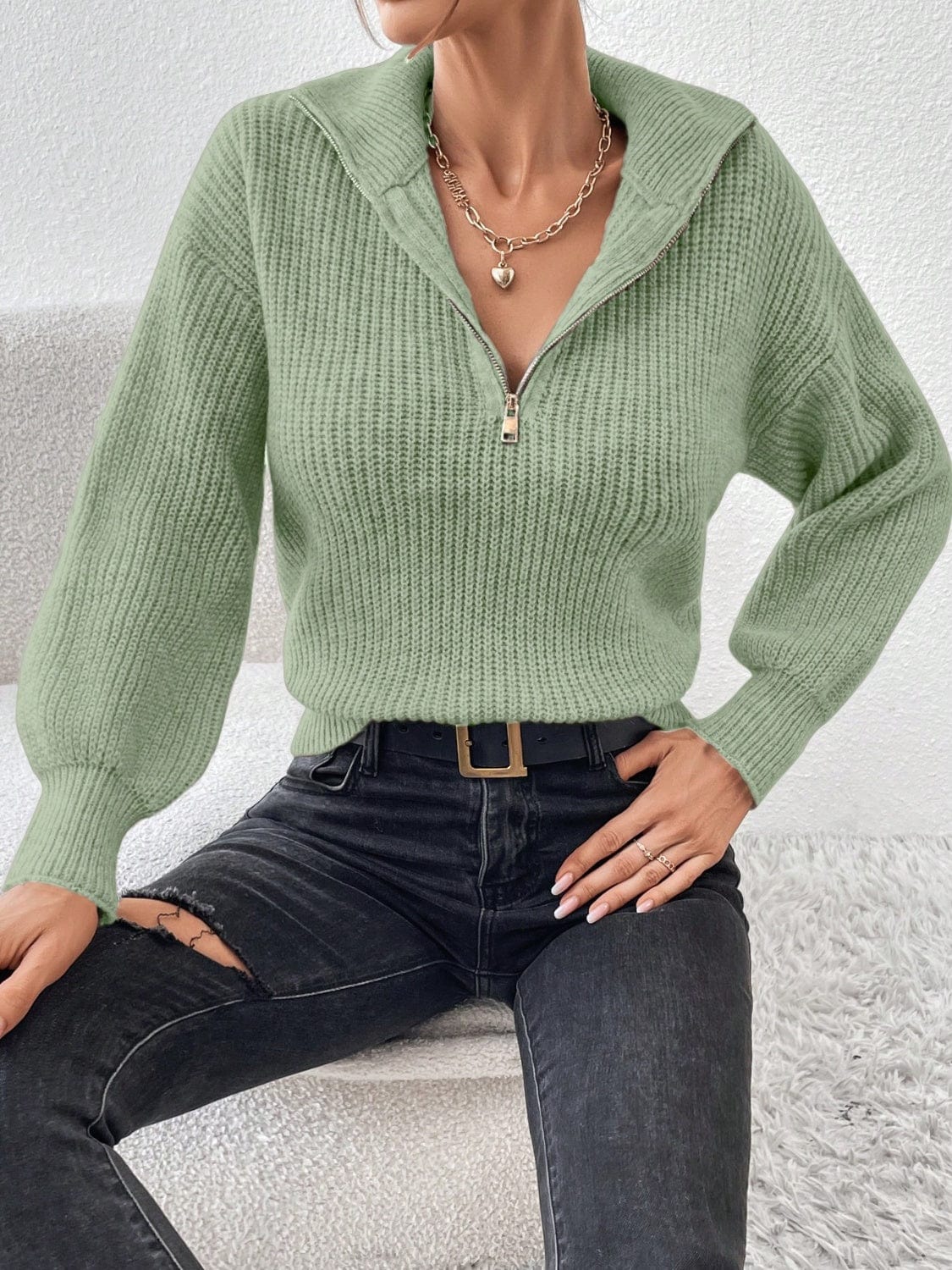 Honey Half Zip Dropped Shoulder Sweater - Trendsi