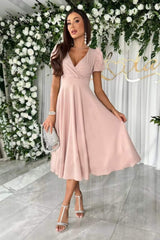 Surplice Puff Sleeve Midi Dress - Trendsi - Flyclothing LLC