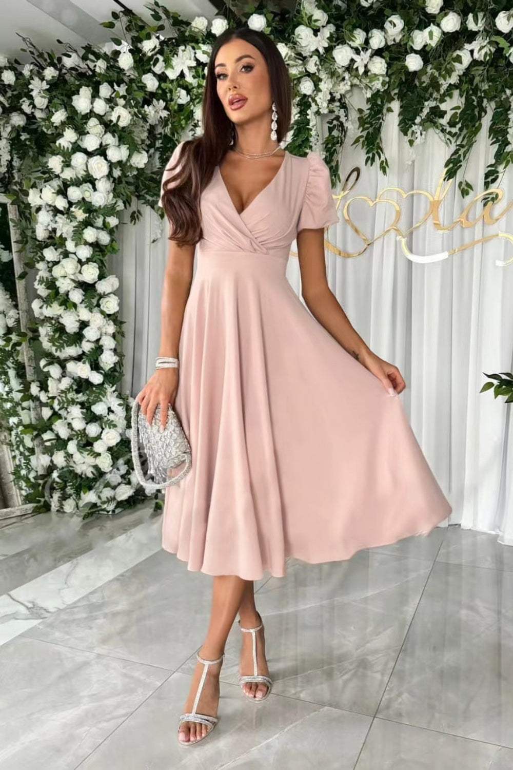 Surplice Puff Sleeve Midi Dress - Trendsi - Flyclothing LLC