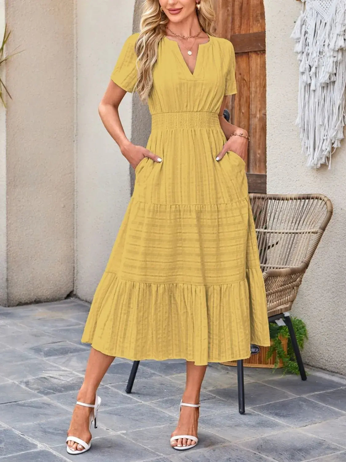 Tiered Notched Short Sleeve Dress - Trendsi - Flyclothing LLC