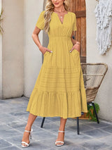 Tiered Notched Short Sleeve Dress - Trendsi - Flyclothing LLC