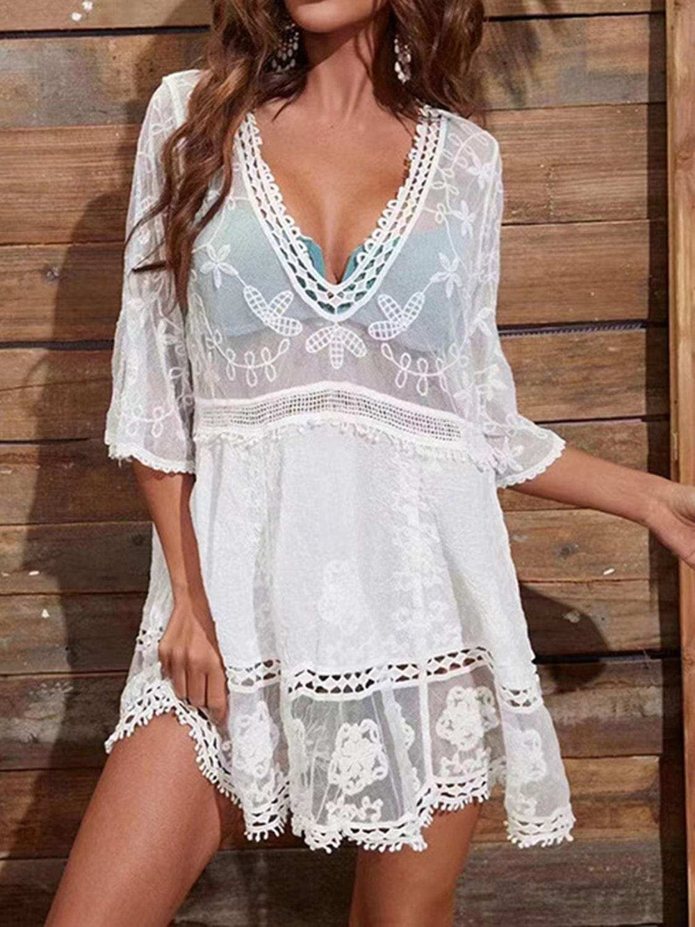Lace Detail Plunge Cover-Up Dress - Trendsi - Flyclothing LLC