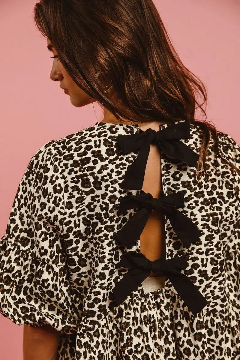BiBi Leopard Denim Dress With Back Contrast Tie Detail - Trendsi - Flyclothing LLC