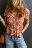 Drawstring Floral V-Neck Short Sleeve Blouse - Trendsi